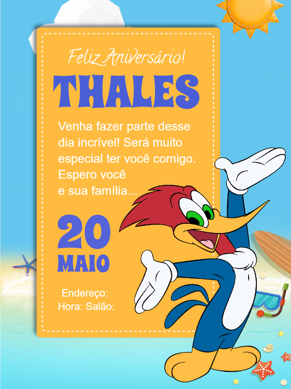 Convite de Aniversário do Pica-Pau para Editar Online Convite de Aniversário do Pica-Pau para Editar Online
