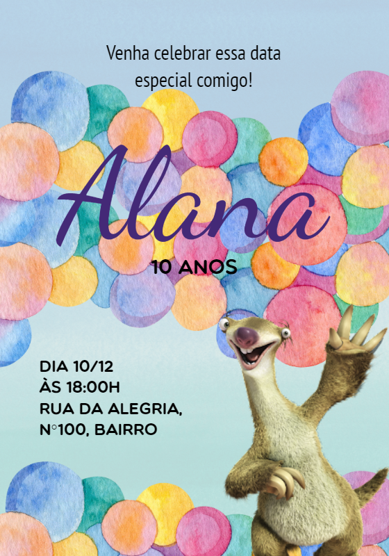 Convite de Aniversário A Era do Gelo com Sid para Editar Convite de Aniversário A Era do Gelo com Sid para Editar