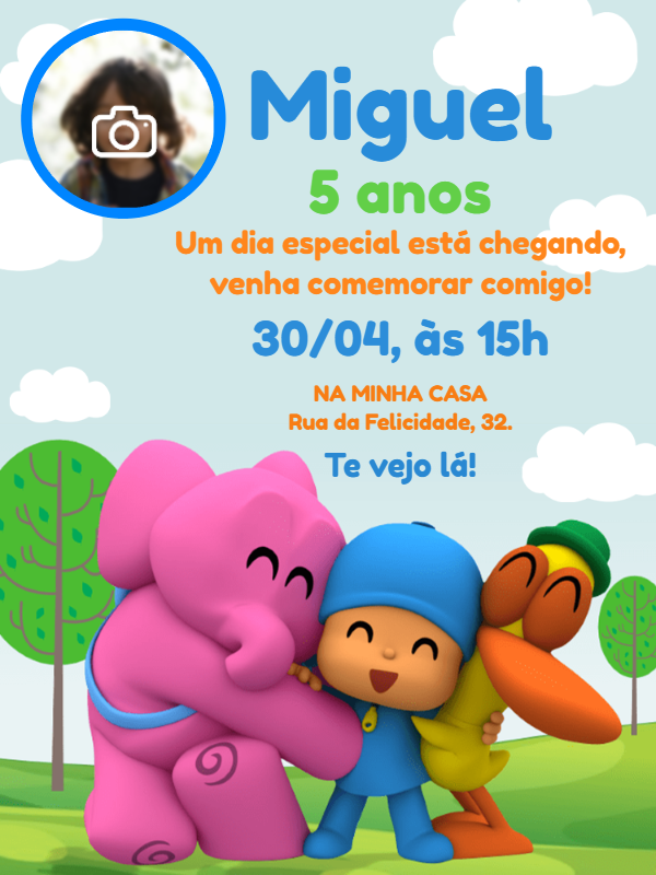 Convite Aniversário Pocoyo com Foto para Editar Online Convite Aniversário Pocoyo com Foto para Editar Online