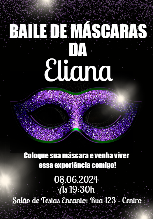 Convite Aniversário Baile de Máscaras Roxo com Glitter Editável Convite Aniversário Baile de Máscaras Roxo com Glitter Editável