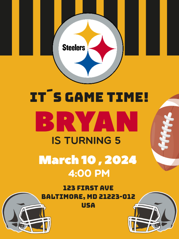 Steelers Football Birthday Invitation to Edit Online Steelers Football Birthday Invitation to Edit Online