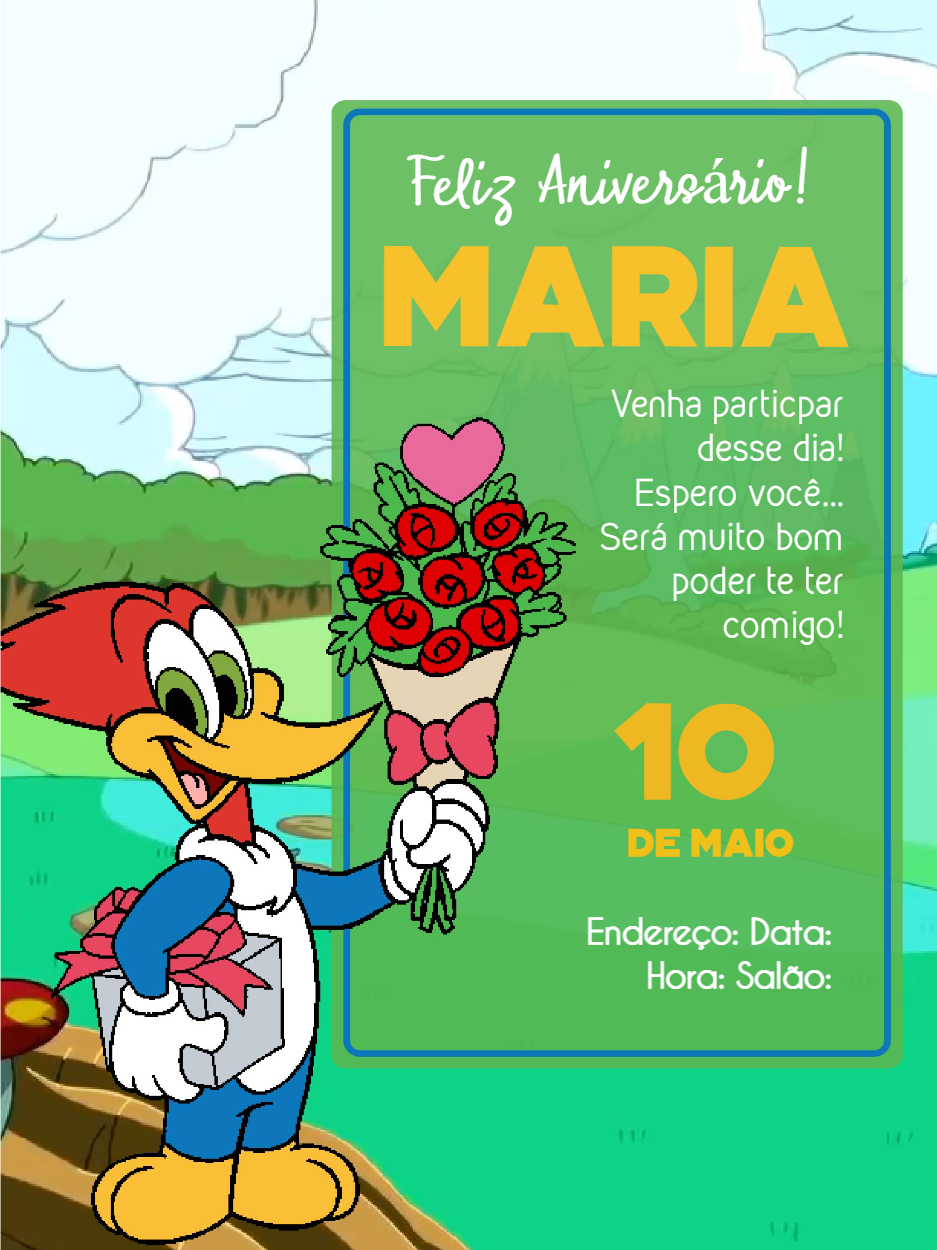 Convite de Aniversário Pica Pau Editável Online