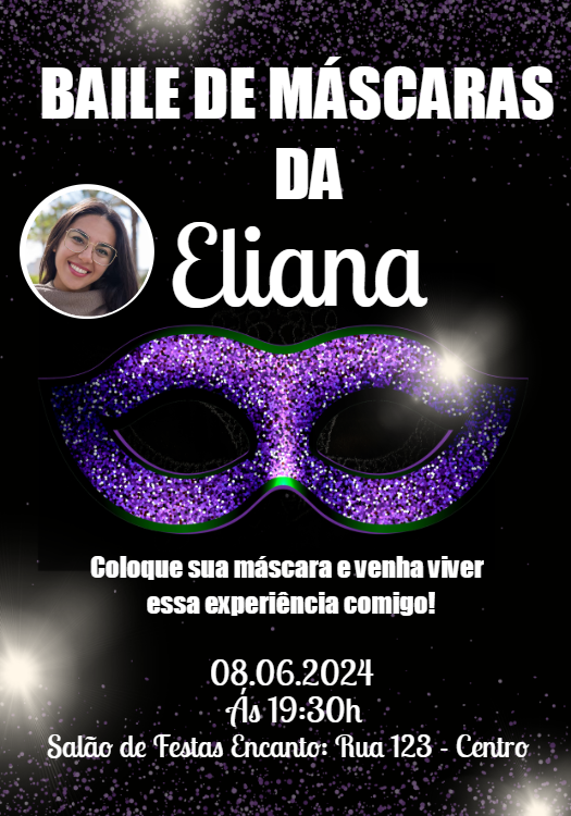 Convite Aniversário Baile de Máscaras com Foto para Editar Online Convite Aniversário Baile de Máscaras com Foto para Editar Online