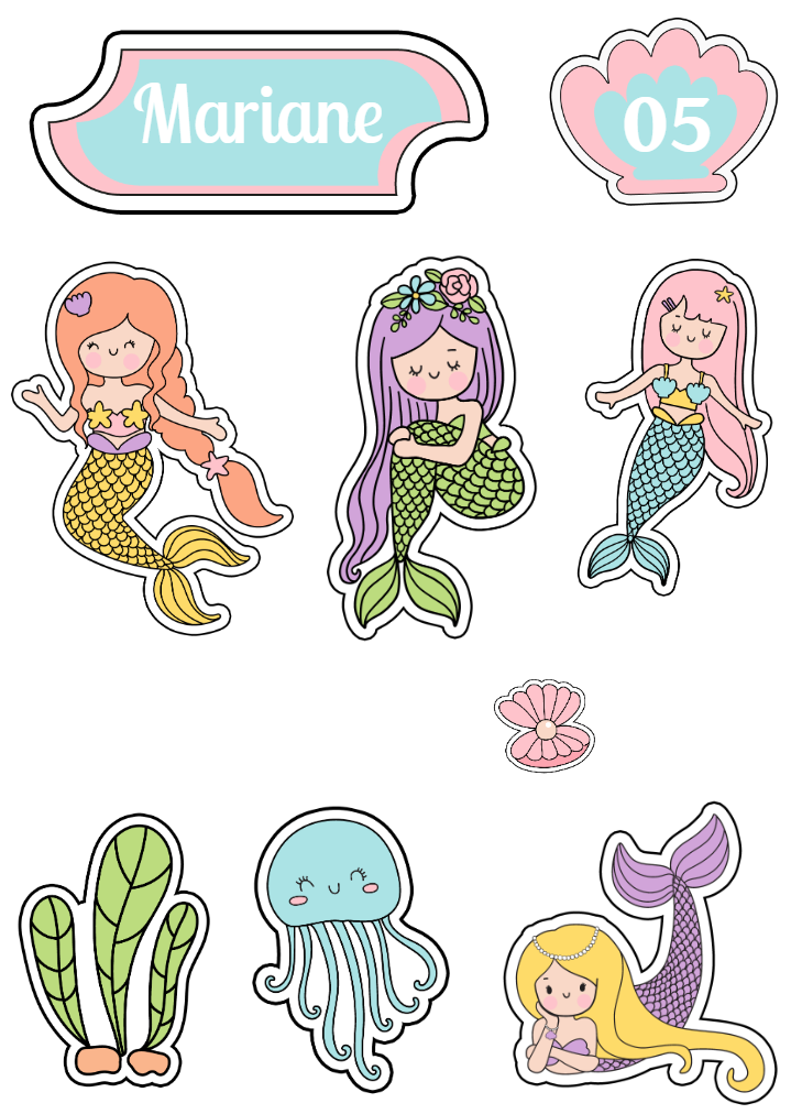 Topo de Bolo Sereia Editável para Aniversário Infantil Topo de Bolo Sereia Editável para Aniversário Infantil