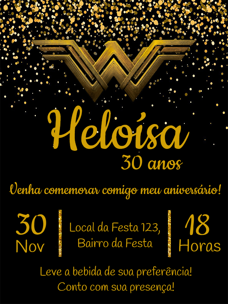 Convite Aniversário Mulher Maravilha Dourado para Editar Convite Aniversário Mulher Maravilha Dourado para Editar
