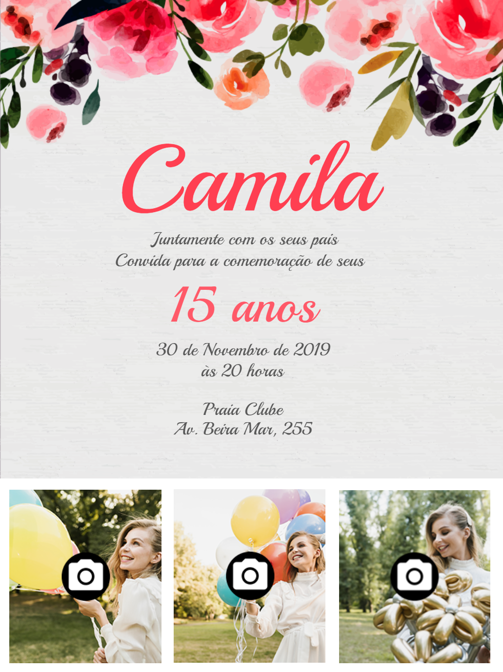 Convite 15 Anos Floral com Foto para Editar Online