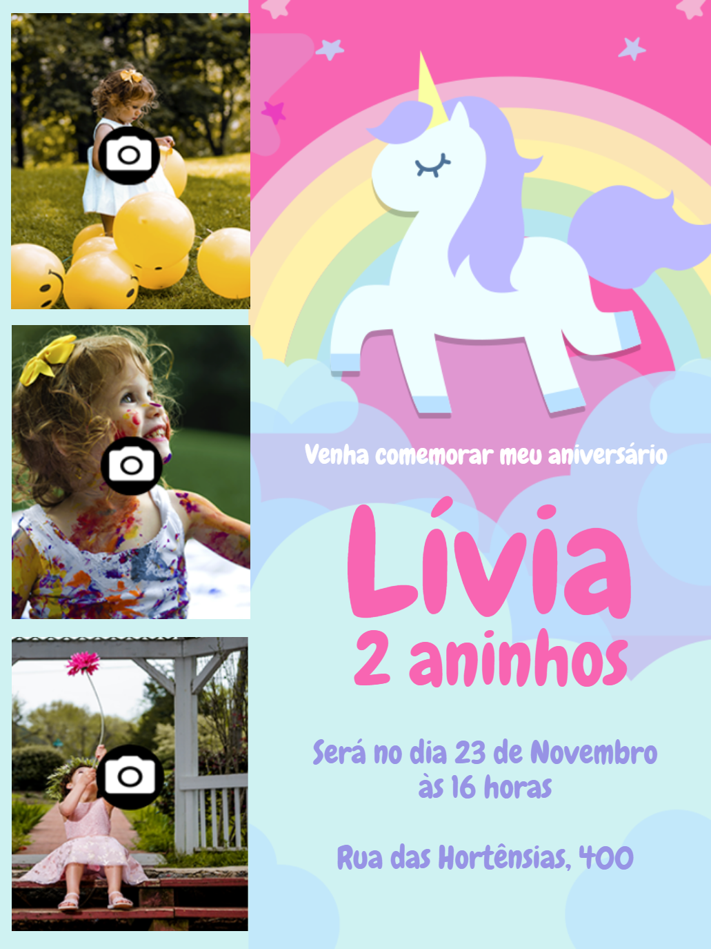 Convite de Aniversário Unicórnio com Foto para Editar Online Convite de Aniversário Unicórnio com Foto para Editar Online