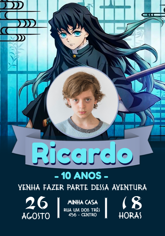 Convite Aniversário Demon Slayer Tokito com Foto para Editar Convite Aniversário Demon Slayer Tokito com Foto para Editar