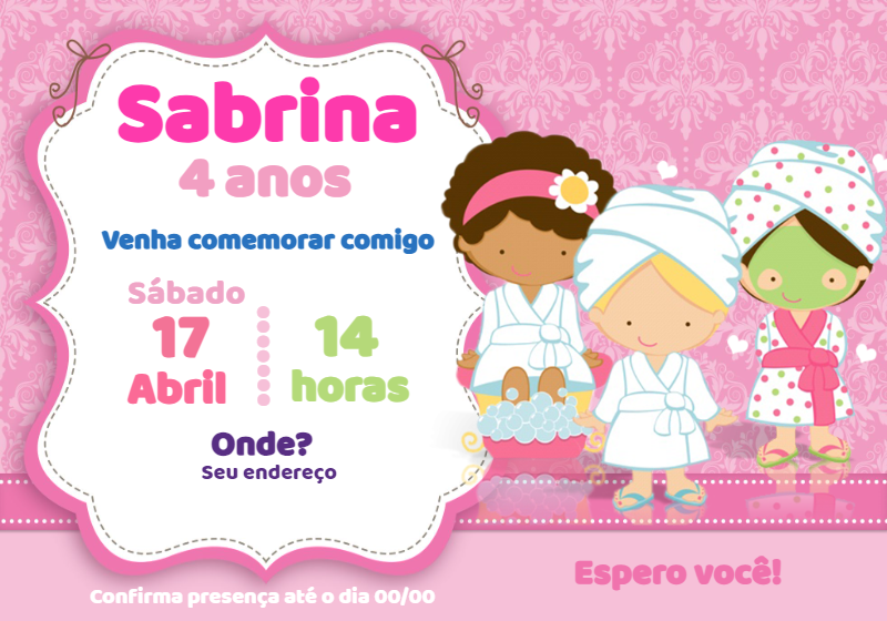 Convite Aniversário SPA Meninas para Editar e Imprimir Convite Aniversário SPA Meninas para Editar e Imprimir