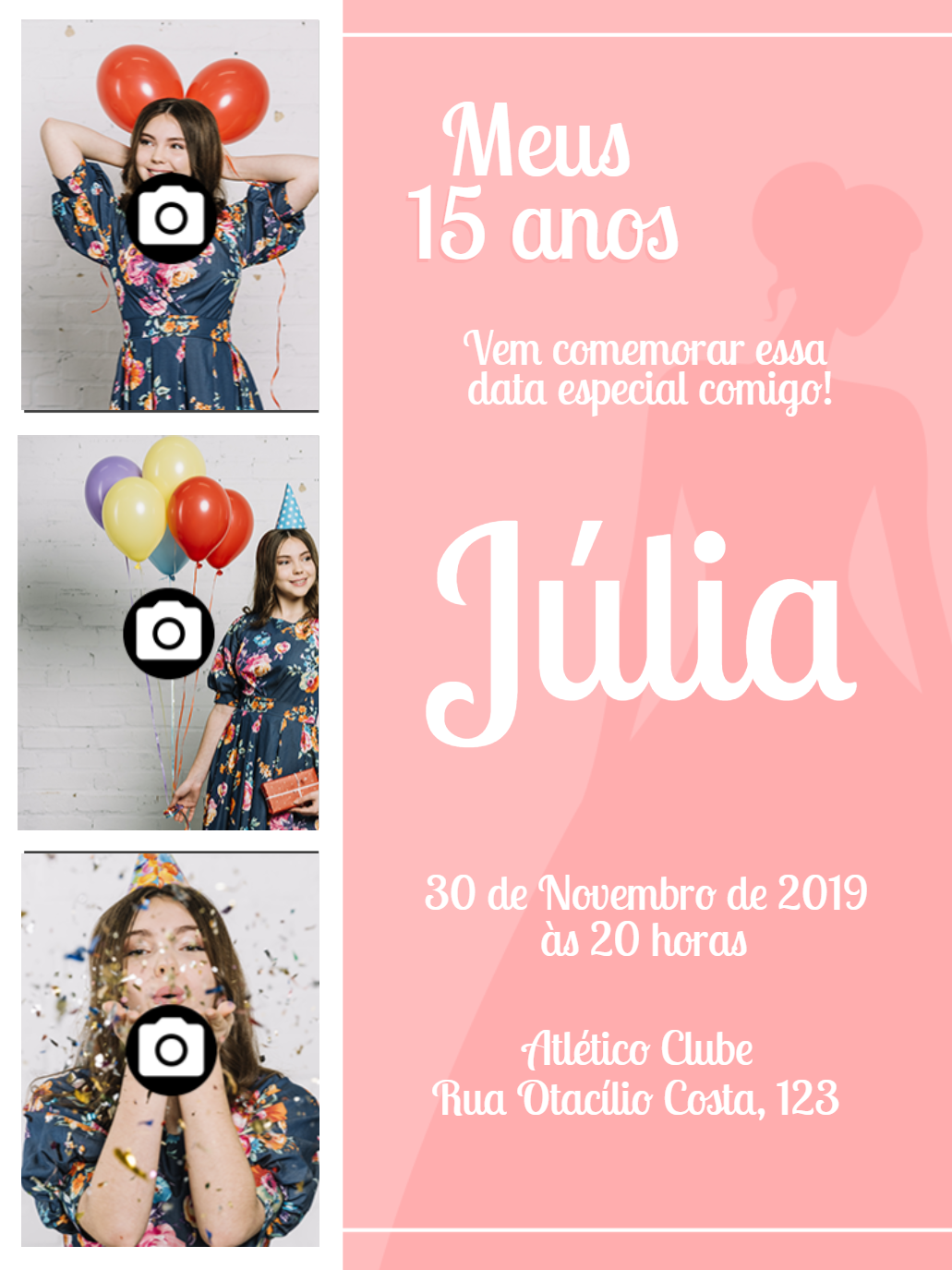 Convite de 15 Anos com 3 Fotos para Editar Online