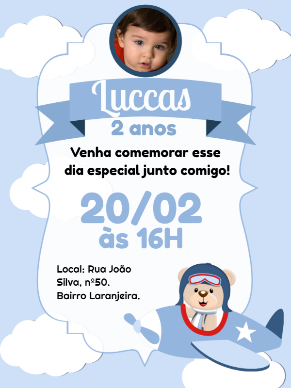 Convite Aniversário Ursinho Aviador com Foto para Editar Online Convite Aniversário Ursinho Aviador com Foto para Editar Online