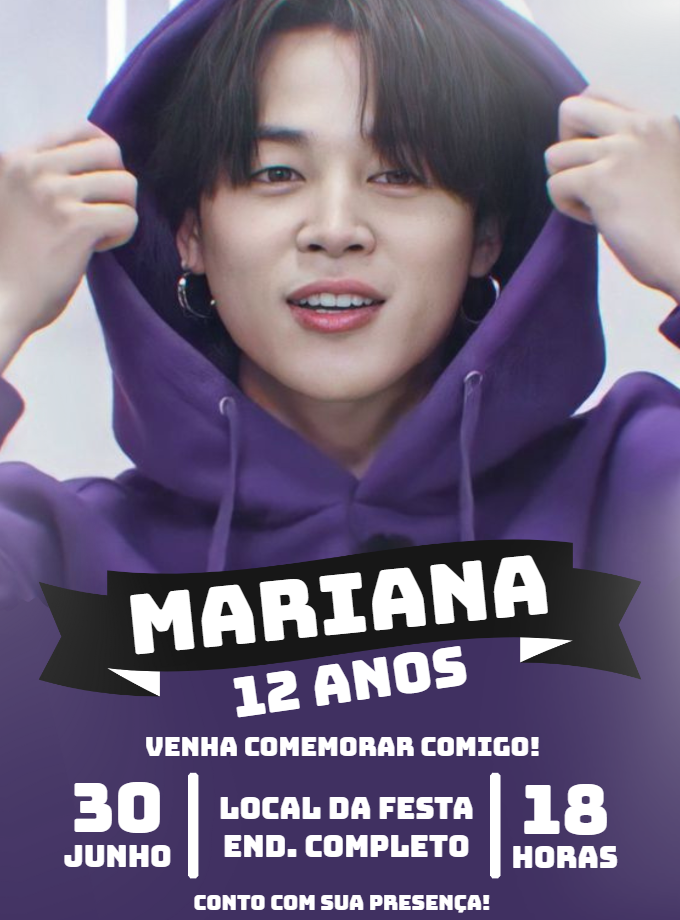 Convite de Aniversário Jimin BTS para Editar e Imprimir Convite de Aniversário Jimin BTS para Editar e Imprimir