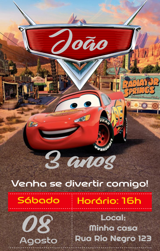 Convite de Aniversário Carros com Relâmpago McQueen para Editar Convite de Aniversário Carros com Relâmpago McQueen para Editar