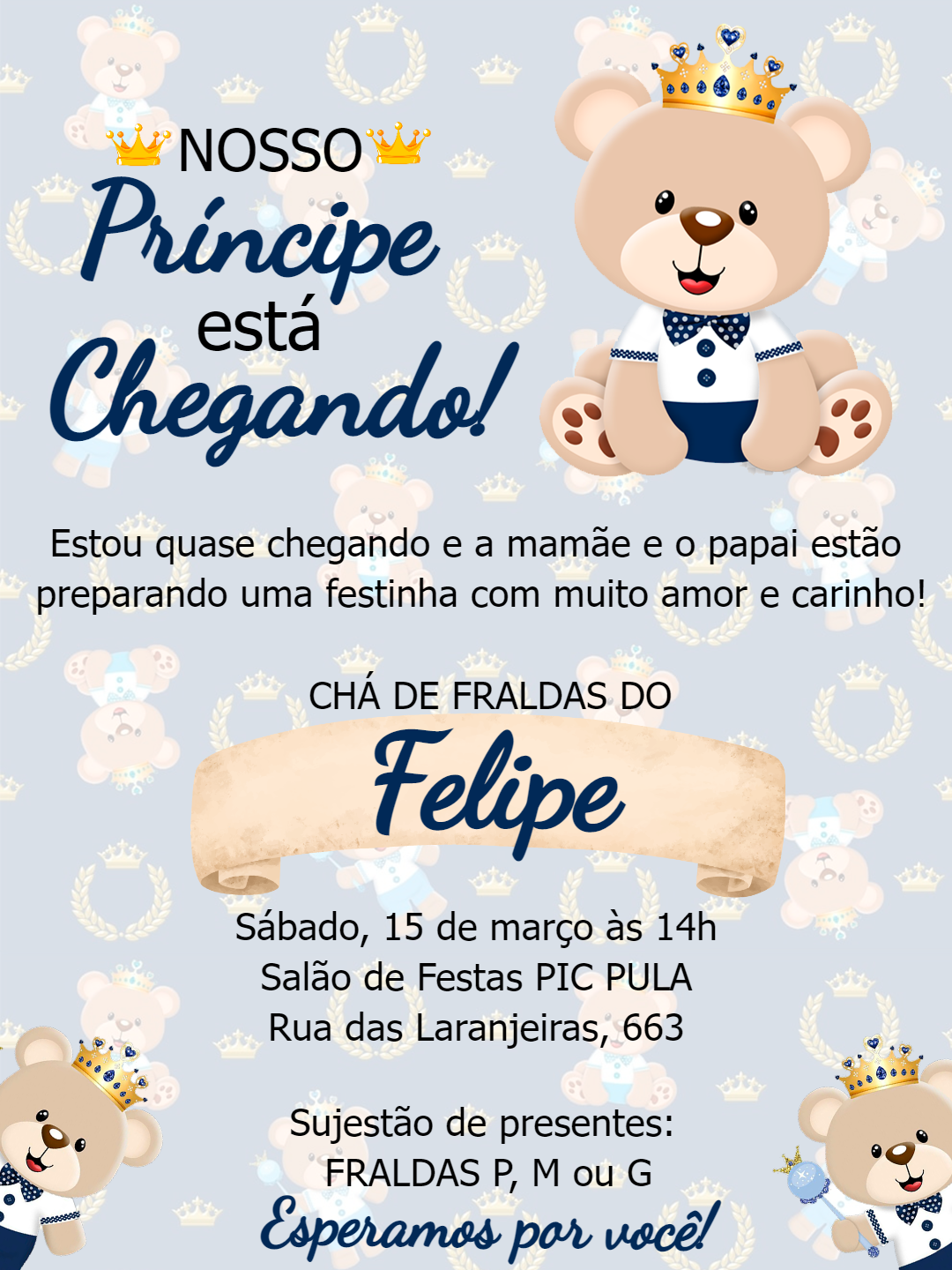 Convite Chá de Bebê Ursinho Príncipe para Editar Online Convite Chá de Bebê Ursinho Príncipe para Editar Online