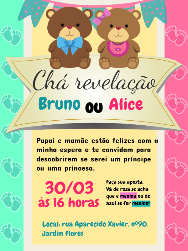 Convite Chá Revelação Ursinhos para Editar Online Convite Chá Revelação Ursinhos para Editar Online