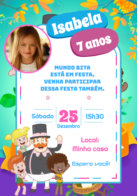 Convite Aniversário Mundo Bita com Foto para Editar Online Convite Aniversário Mundo Bita com Foto para Editar Online