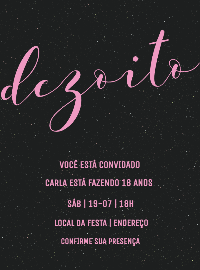 Convite de 18 Anos Minimalista Preto e Rosa para Editar Online Convite de 18 Anos Minimalista Preto e Rosa para Editar Online