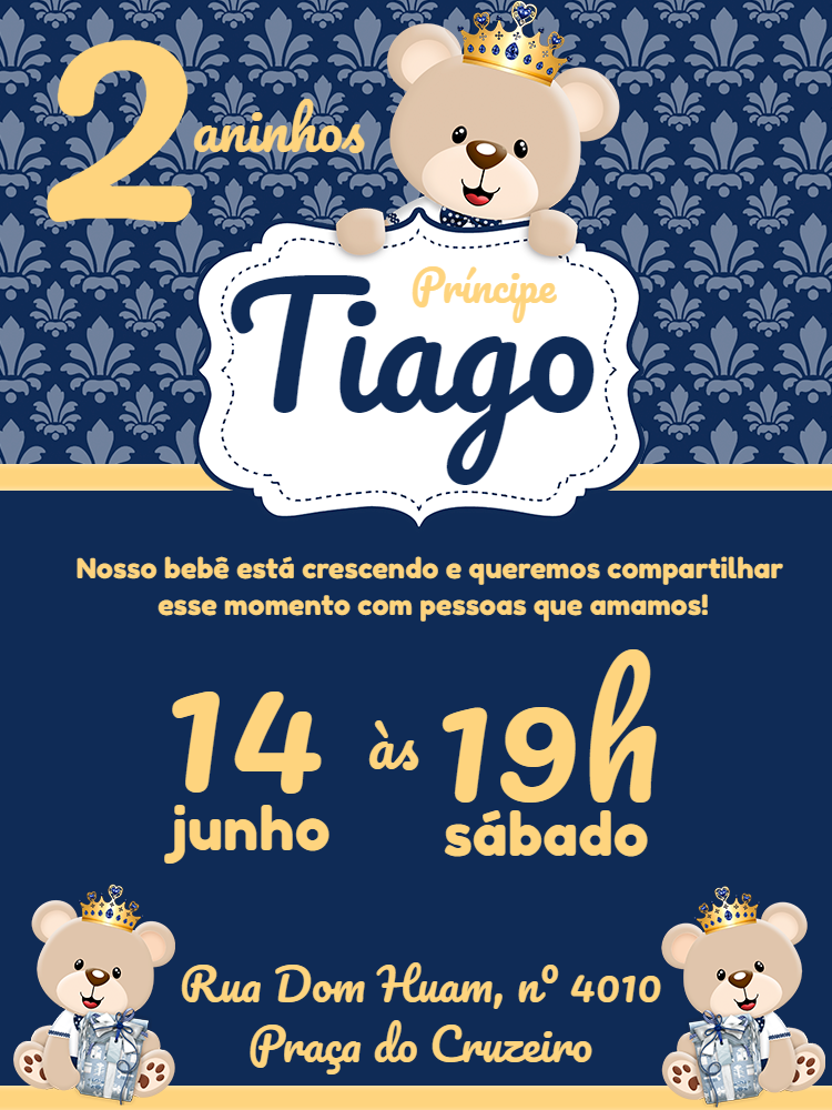 Convite de Aniversário Ursinho Príncipe para Editar Online Convite de Aniversário Ursinho Príncipe para Editar Online