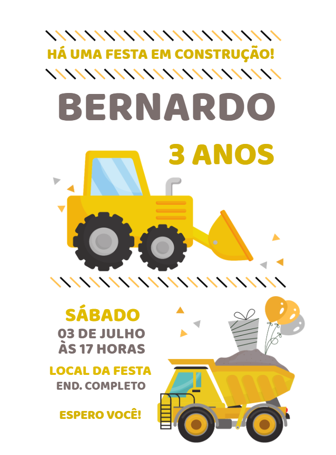 Convite de Aniversário Construção com Trator para Editar Online Convite de Aniversário Construção com Trator para Editar Online