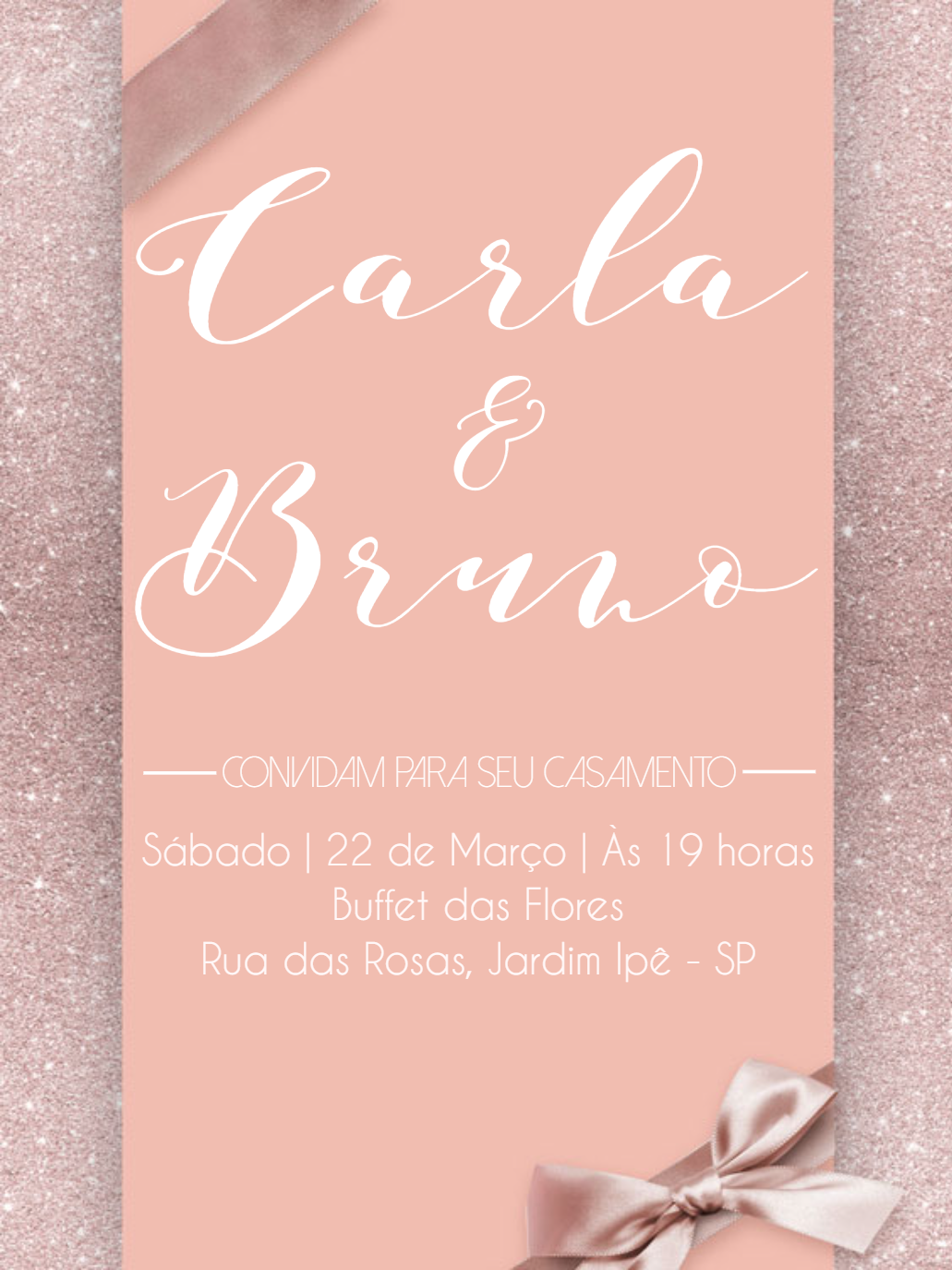 Convite de Casamento Rosa com Glitter para Editar Online
