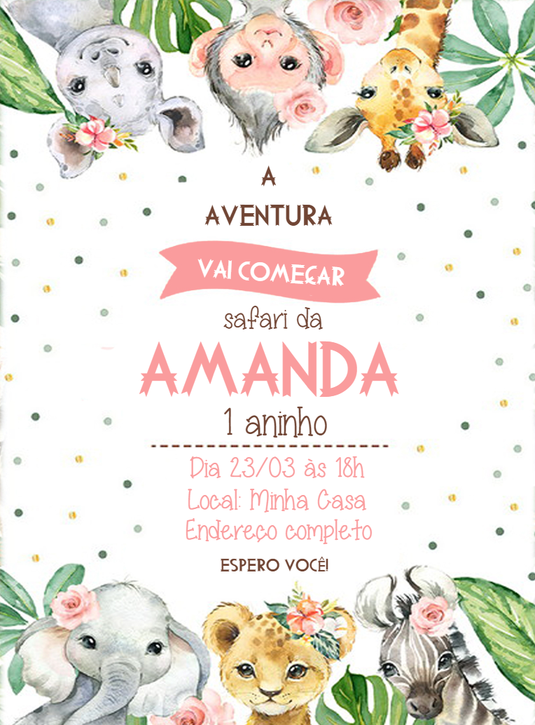 Convite de Aniversário Safari Rosa com Animais para Editar Online Convite de Aniversário Safari Rosa com Animais para Editar Online