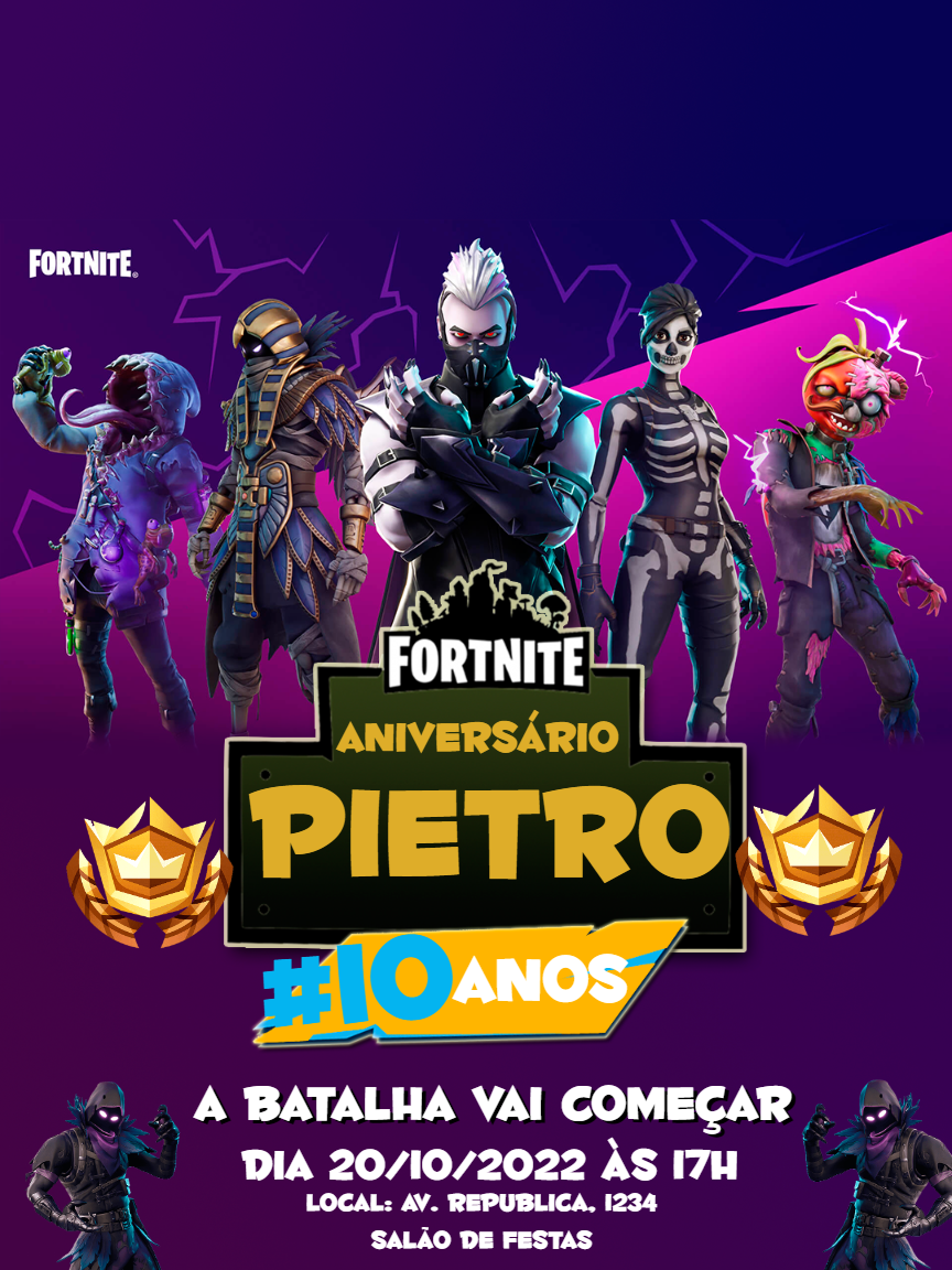 Convite de Aniversário Fortnite com Personagens para Editar Convite de Aniversário Fortnite com Personagens para Editar