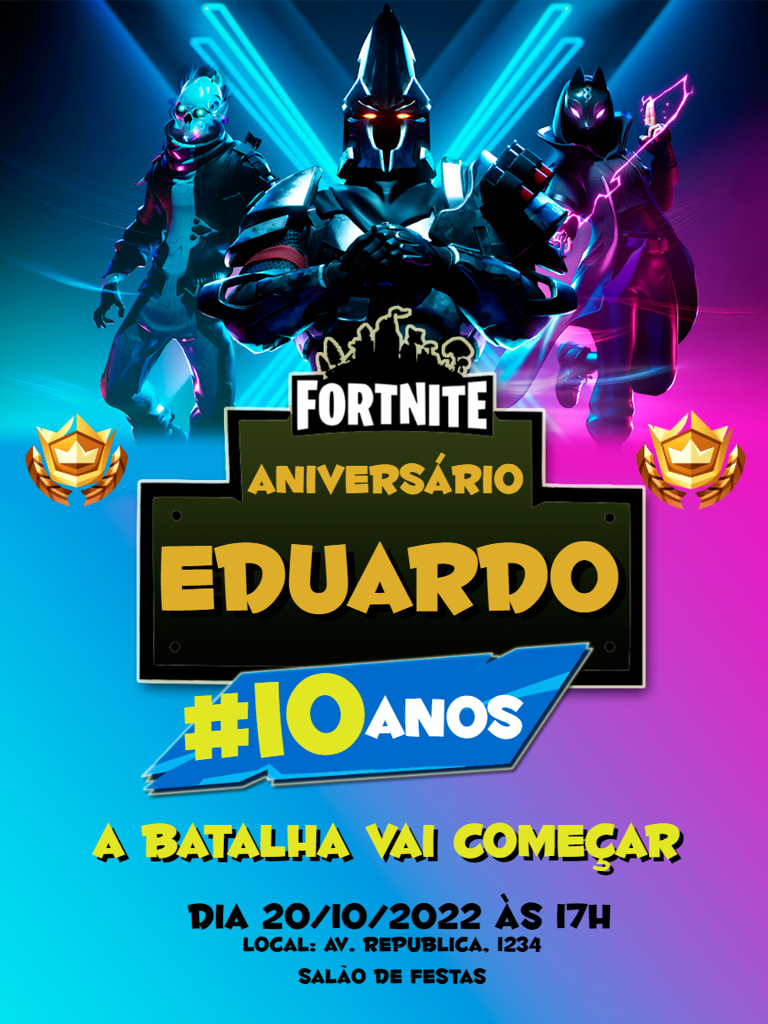 Convite Aniversário Fortnite com Personagens para Editar Online