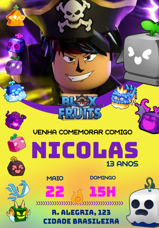 Convite de Aniversário Blox Fruits Editável Online para Imprimir Convite de Aniversário Blox Fruits Editável Online para Imprimir