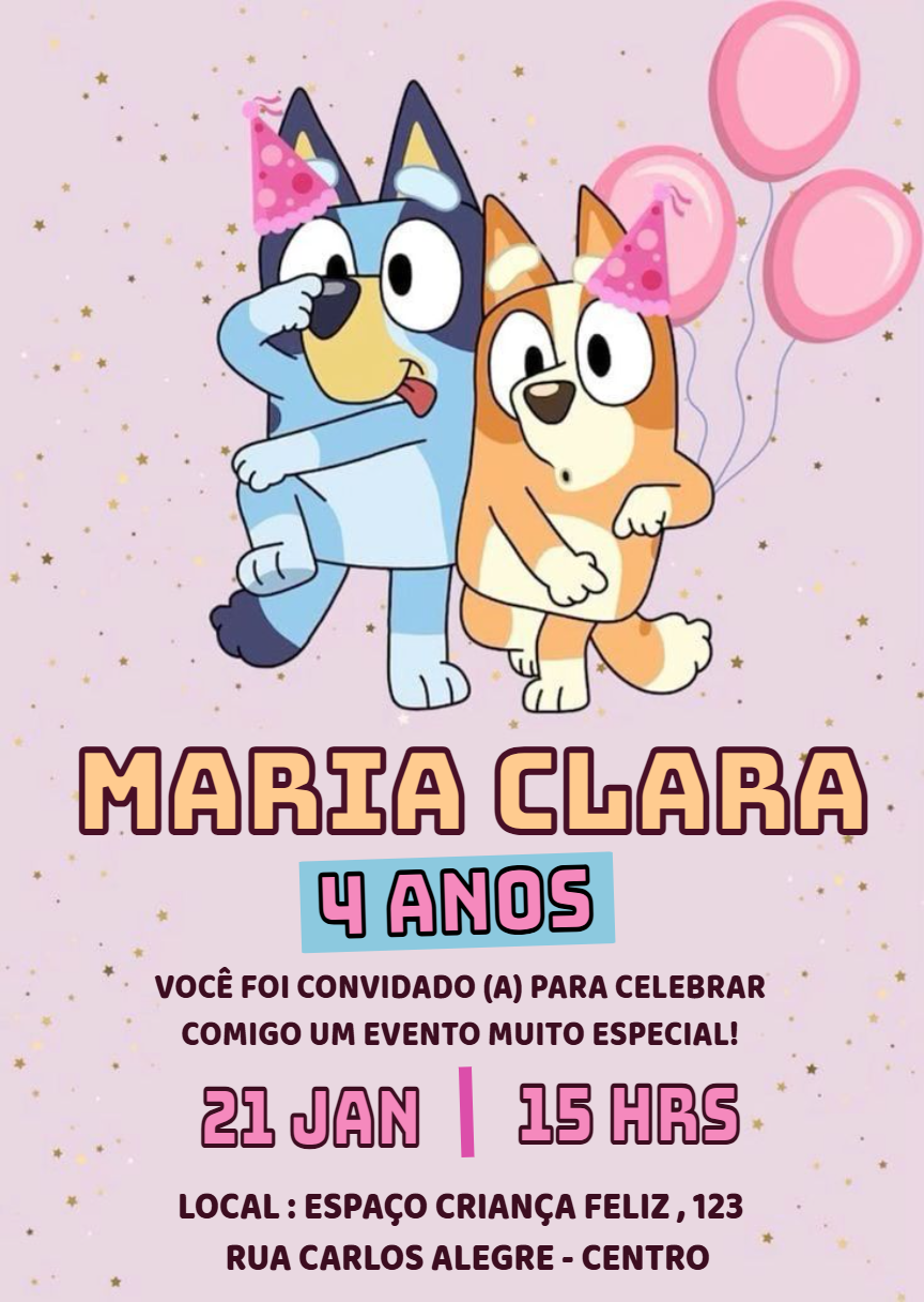 Convite de Aniversário Bluey e Bingo para Editar Online Convite de Aniversário Bluey e Bingo para Editar Online