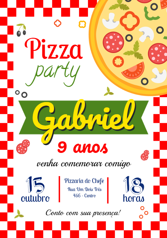 Convite de Aniversário Pizza Party Editável Online Convite de Aniversário Pizza Party Editável Online