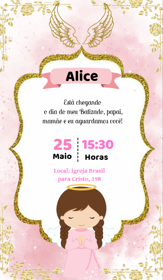 Convite de Batizado Anjinha Rosa e Dourado para Editar Online Convite de Batizado Anjinha Rosa e Dourado para Editar Online