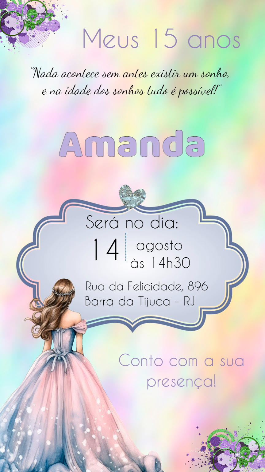 Convite 15 Anos Princesa Sonhadora para Editar Online Convite 15 Anos Princesa Sonhadora para Editar Online