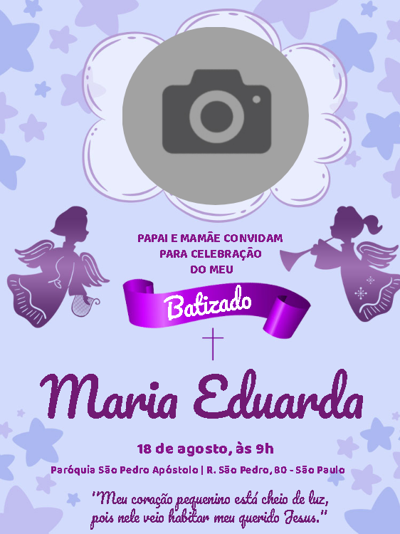 Convite de Batizado Roxo com Foto e Anjos para Editar Convite de Batizado Roxo com Foto e Anjos para Editar