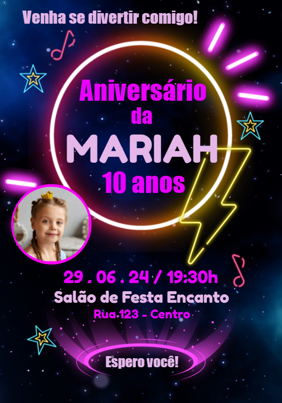 Convite Aniversário Neon com Foto para Editar Online Convite Aniversário Neon com Foto para Editar Online