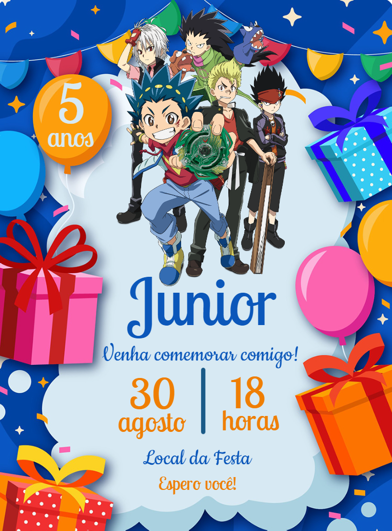 Convite de Aniversário Beyblade com Personagens para Editar Convite de Aniversário Beyblade com Personagens para Editar