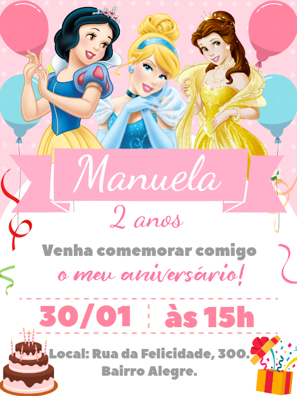 Convite Aniversário Princesas Disney para Editar Online Convite Aniversário Princesas Disney para Editar Online
