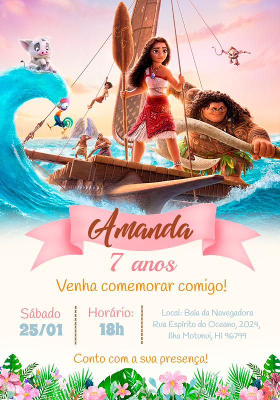 Convite de Aniversário Moana com Personagens para Editar Convite de Aniversário Moana com Personagens para Editar