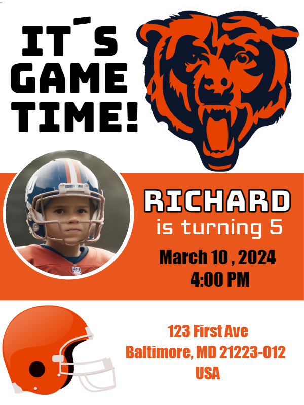 Football Bear Birthday Invitation with Photo to Edit Online Football Bear Birthday Invitation with Photo to Edit Online