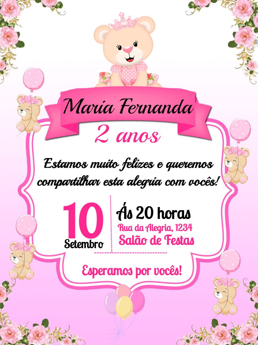 Convite Aniversário Ursinha Princesa para Editar Online Convite Aniversário Ursinha Princesa para Editar Online