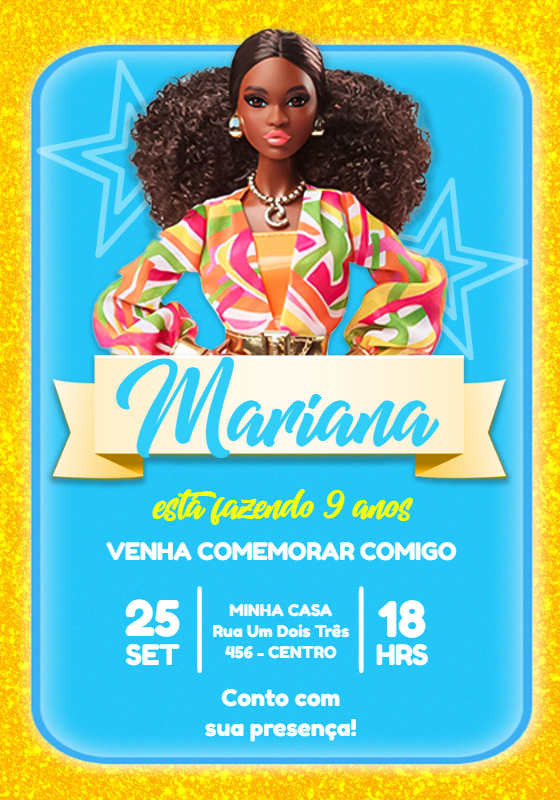Convite de Aniversário Barbie Negra para Editar Online Convite de Aniversário Barbie Negra para Editar Online