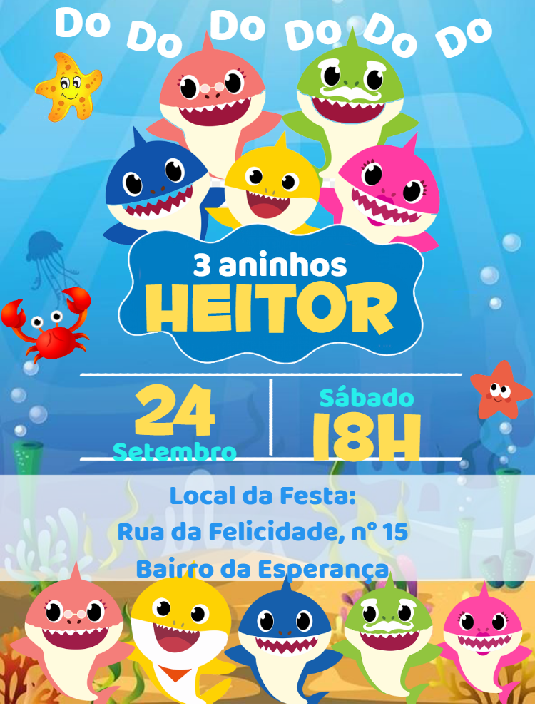 Convite de Aniversário Baby Shark com a Turma para Editar Online Convite de Aniversário Baby Shark com a Turma para Editar Online