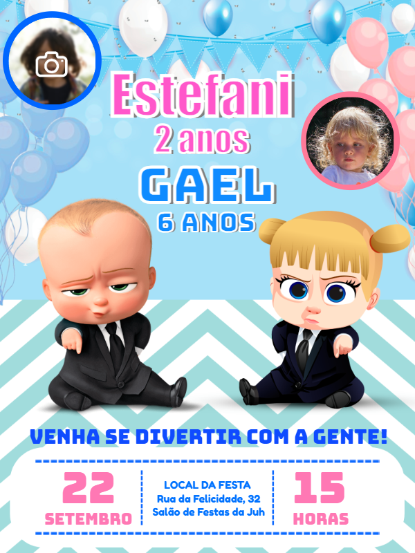 Convite Duplo Poderoso Chefinho e Chefinha com Foto para Editar Convite Duplo Poderoso Chefinho e Chefinha com Foto para Editar