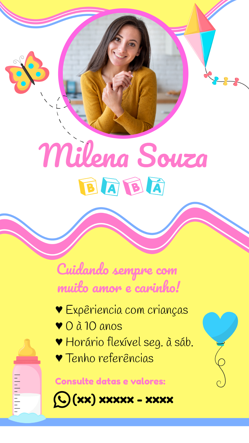 Cartão de Visita Digital para Babá com Foto Editável Online Cartão de Visita Digital para Babá com Foto Editável Online