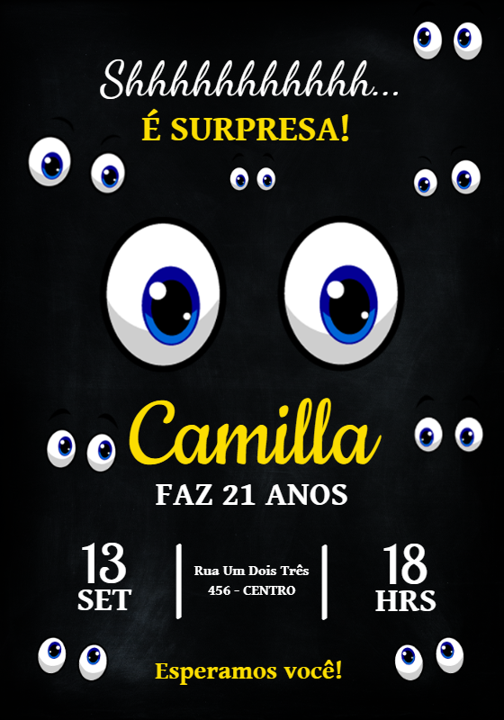 Convite Aniversário Surpresa com Olhos Divertidos para Editar Convite Aniversário Surpresa com Olhos Divertidos para Editar