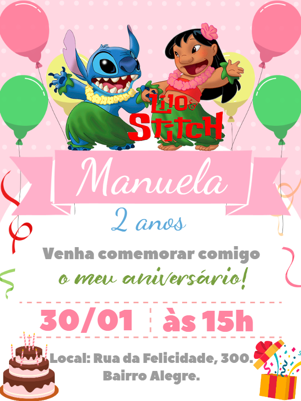 Convite de Aniversário Lilo & Stitch Rosa para Editar Online Convite de Aniversário Lilo & Stitch Rosa para Editar Online