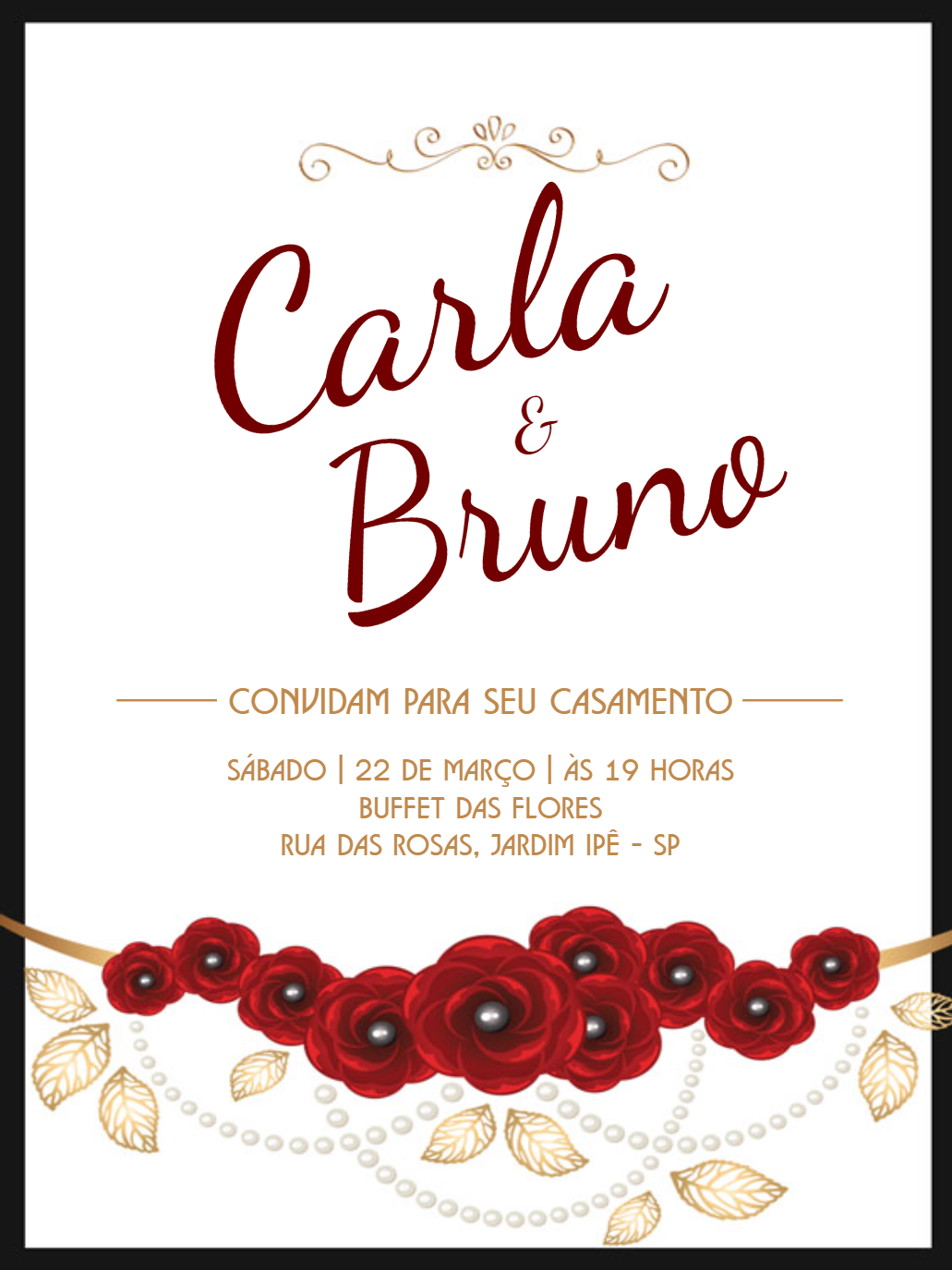 Convite de Casamento Rosas Vermelhas e Dourado para Editar Convite de Casamento Rosas Vermelhas e Dourado para Editar