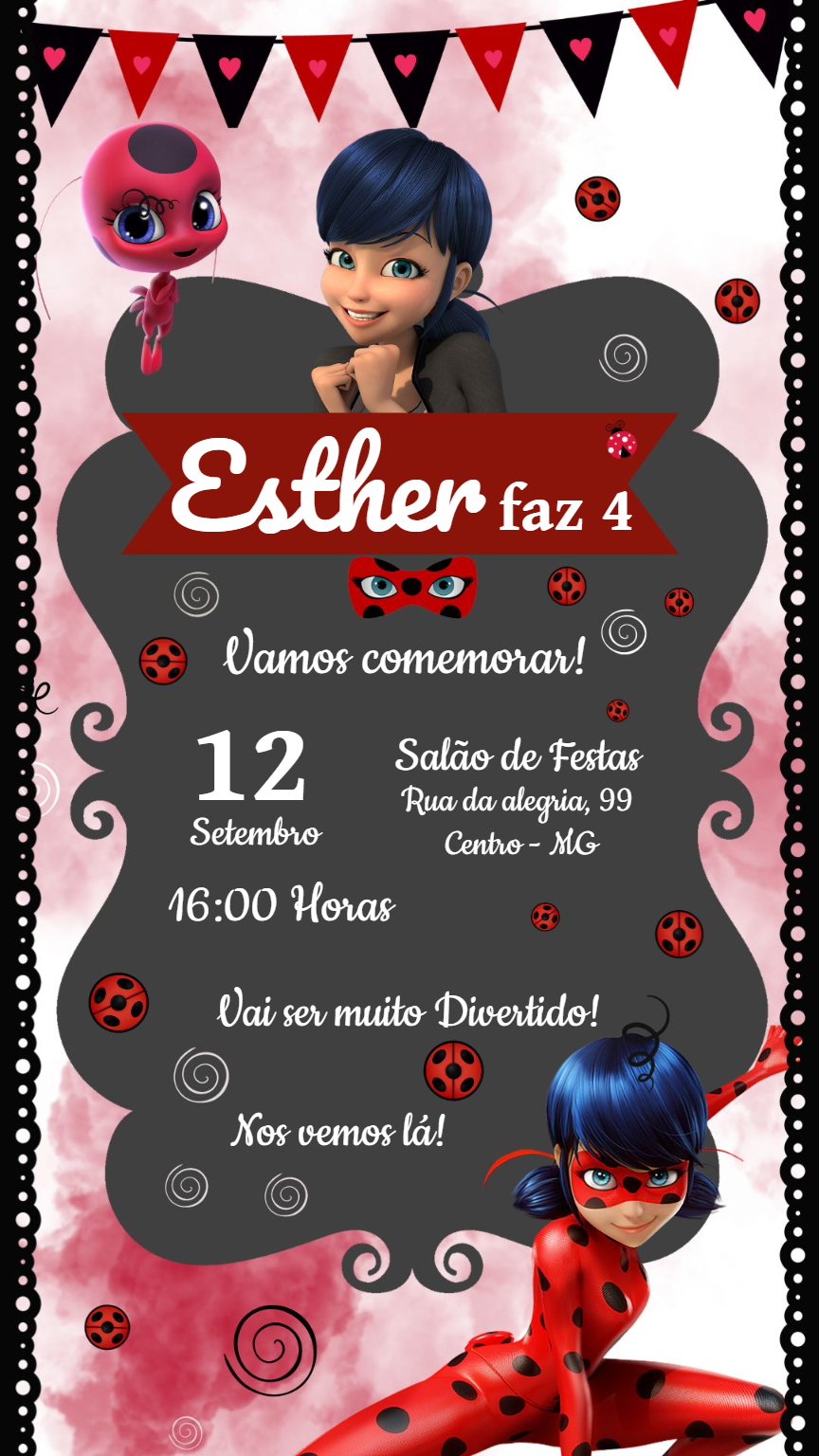 Convite de Aniversário Miraculous Ladybug para Editar Online