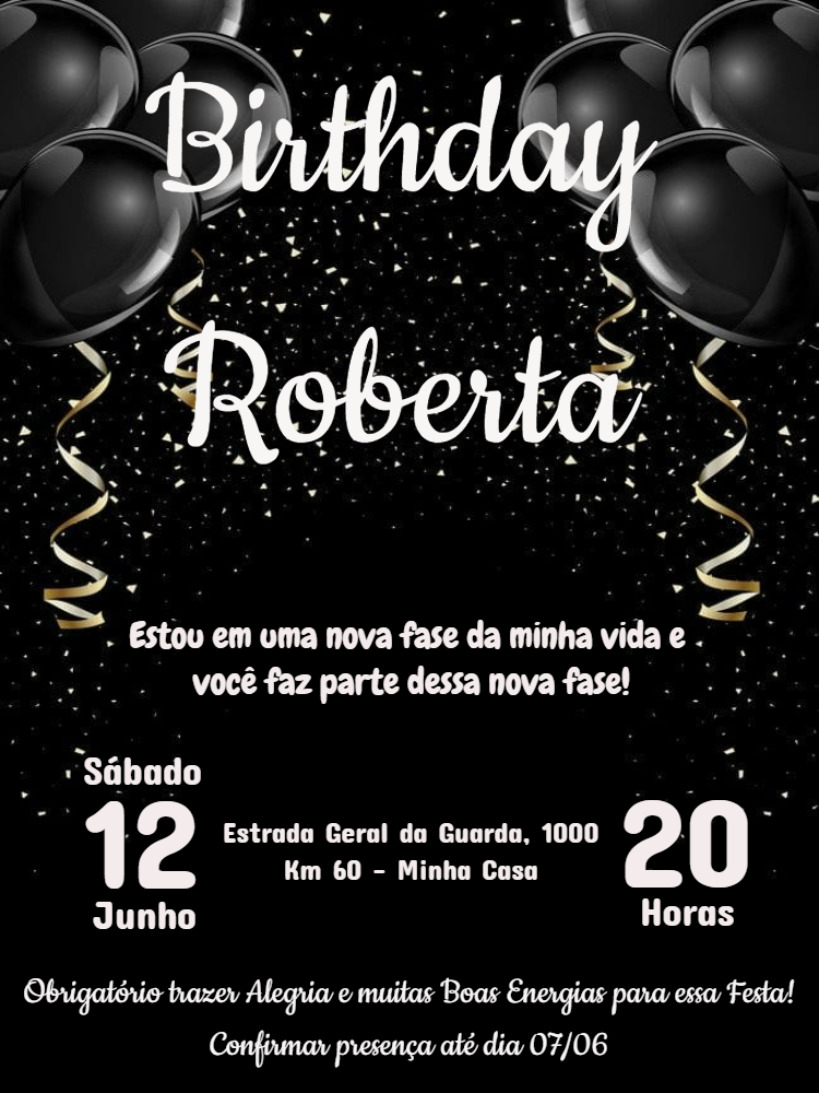 Convite de Aniversário Preto e Dourado com Balões para Editar Convite de Aniversário Preto e Dourado com Balões para Editar