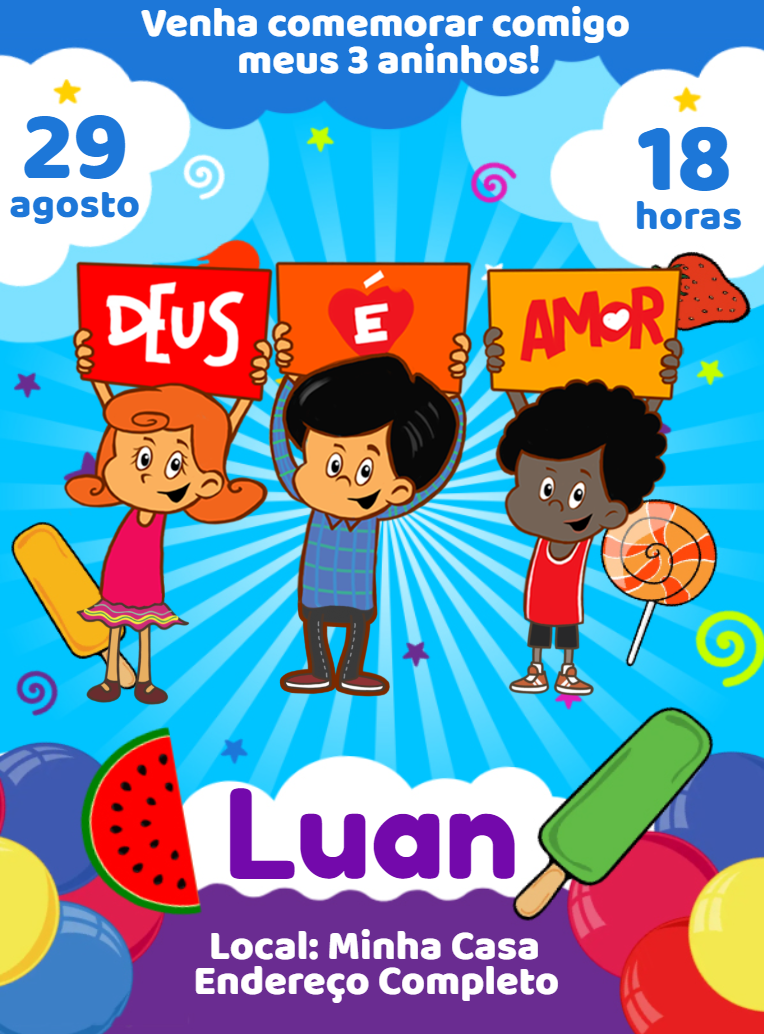 Convite Aniversário Três Palavrinhas para Editar Online Convite Aniversário Três Palavrinhas para Editar Online