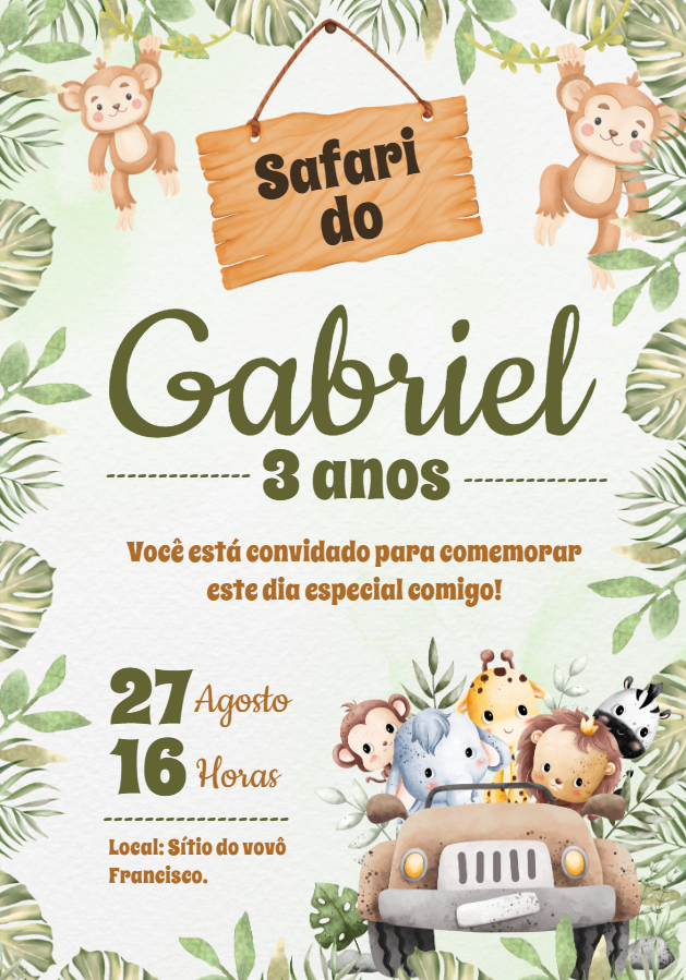 Convite de Aniversário Safari com Animais para Editar Online Convite de Aniversário Safari com Animais para Editar Online